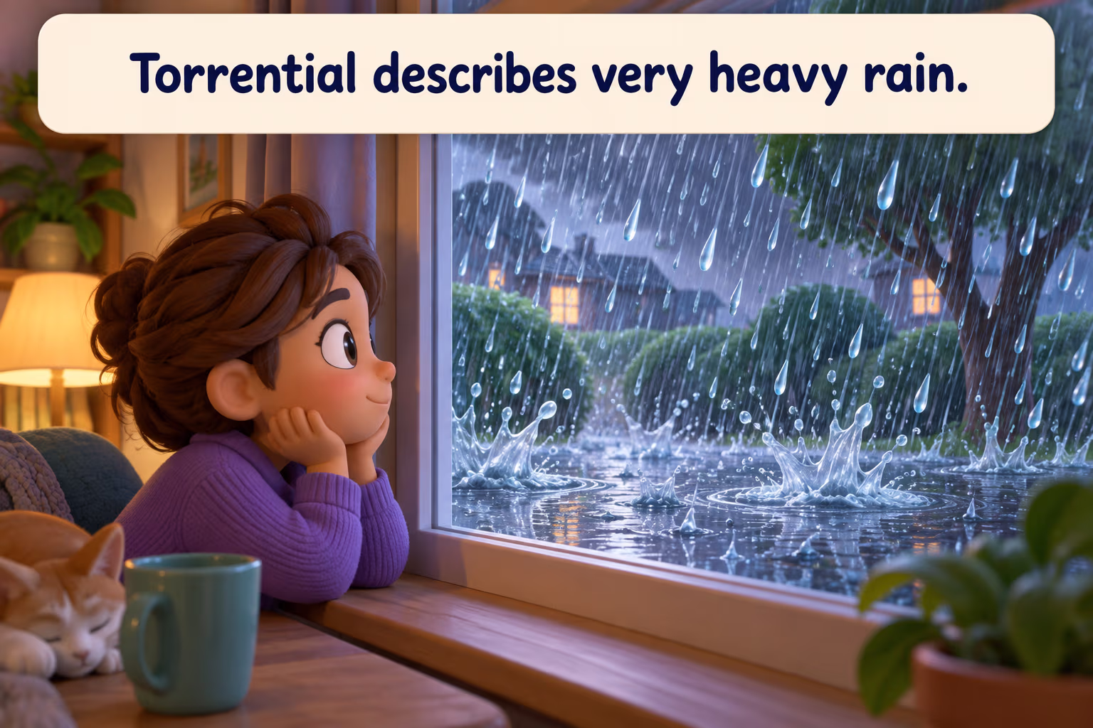 Torrential describes very heavy rain. A cartoon observer watches downpour splash into puddles.