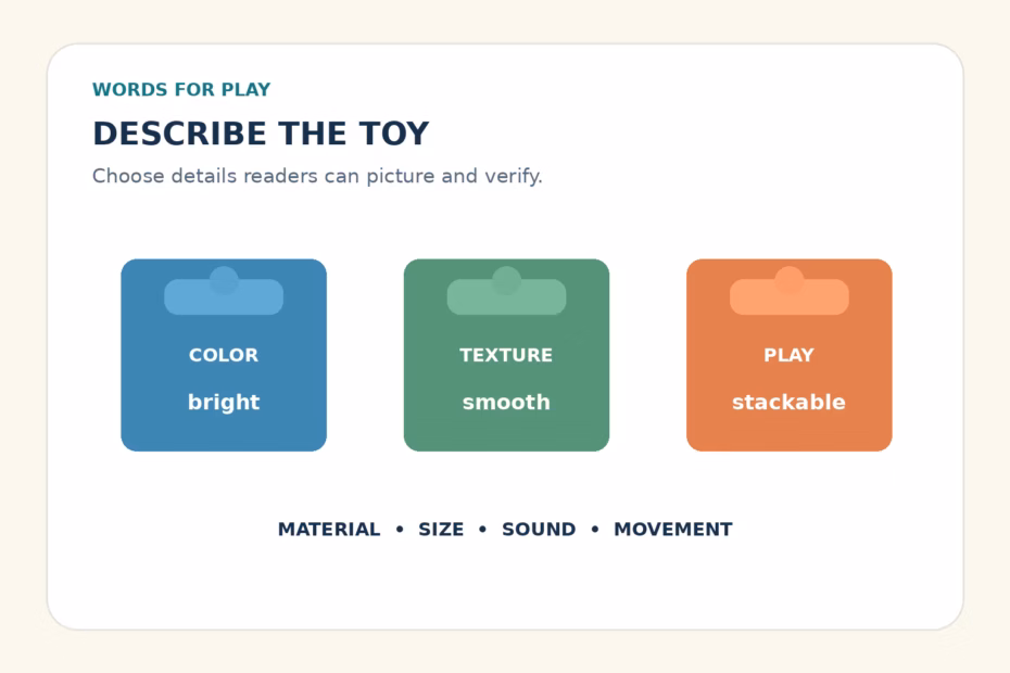 Illustrated toy blocks showing descriptive words for color, texture, shape, and play