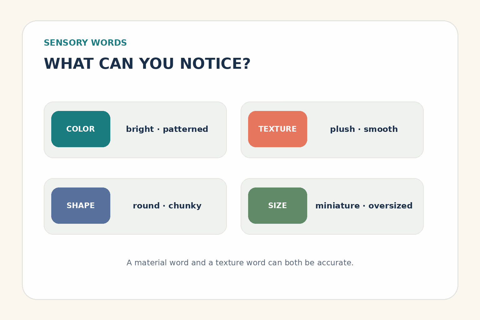 Toy description vocabulary grouped by color, texture, shape, and size