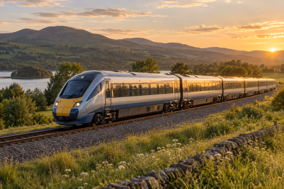 A streamlined passenger train crossing green countryside at golden hour