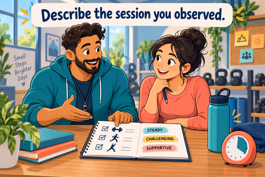 A learner and coach compare session details such as pace, challenge, and support while planning training.