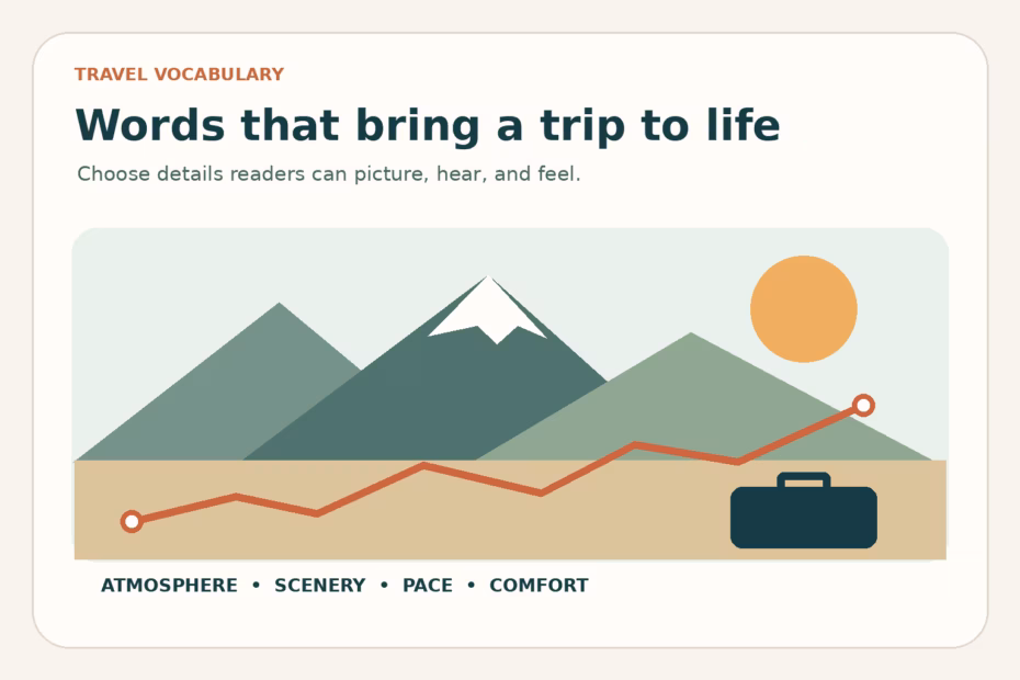 Illustrated mountain trip route with a suitcase and vocabulary for atmosphere, scenery, pace, and comfort