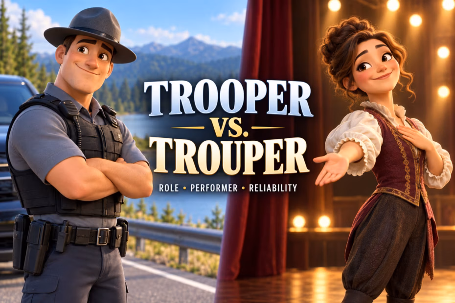 Animated state-police officer and experienced stage performer illustrate the difference between trooper and trouper.