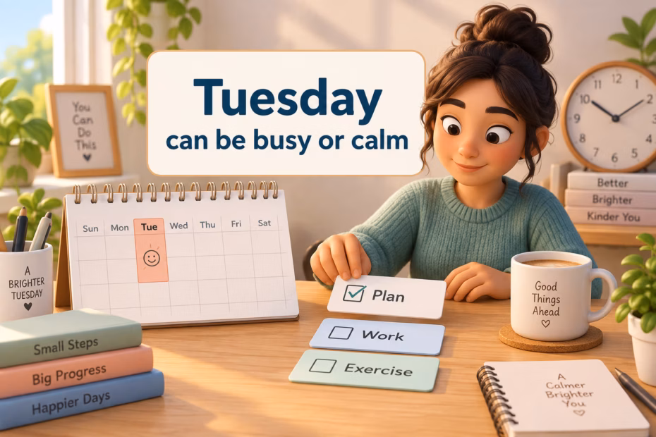 Paper calendar and a person planning tasks. Text: “Tuesday can be busy or calm.”