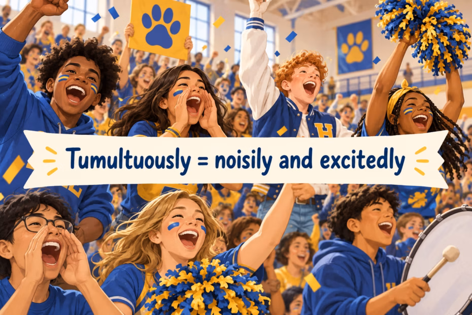 Tumultuously describes loud, excited cheering at a school pep rally.