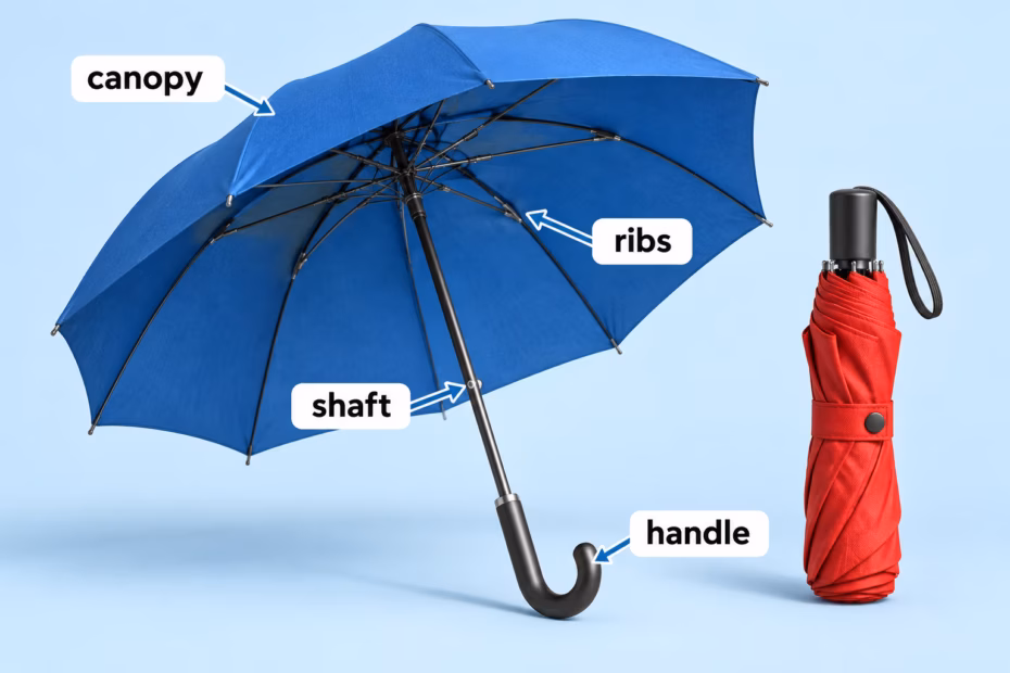An open blue umbrella beside a folded red umbrella, with labels pointing to the canopy, shaft, ribs, and handle.