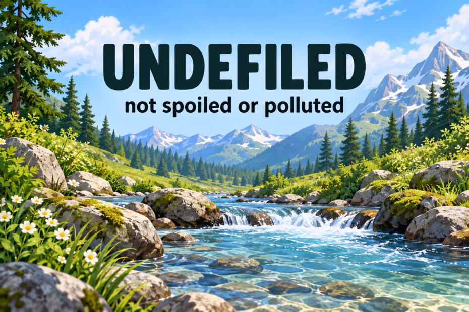 Animated illustration of an undefiled mountain stream with the definition not spoiled or polluted