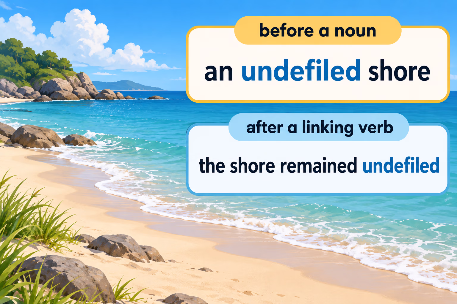 Two sentence patterns show undefiled before a noun and after a linking verb