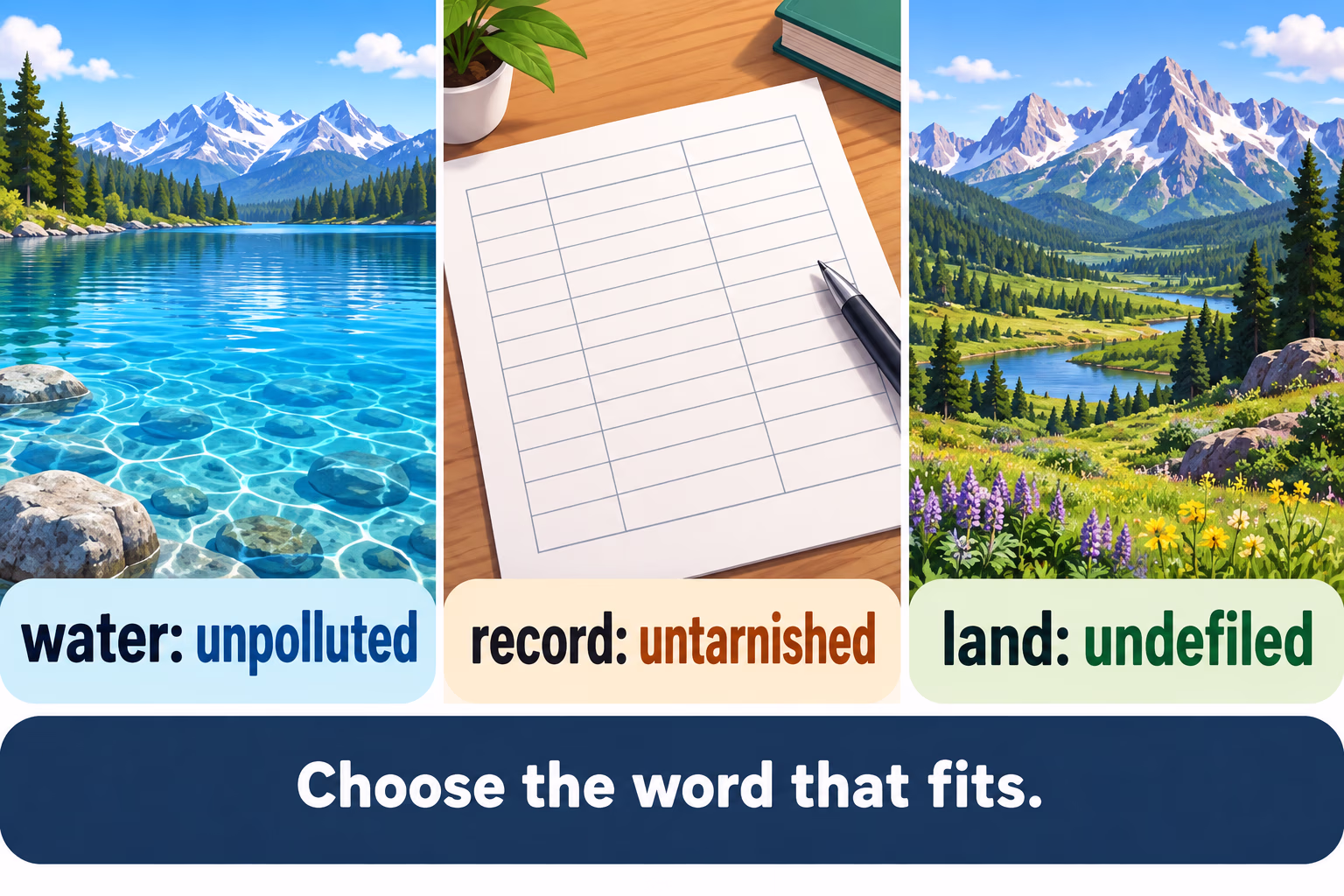 Contextual vocabulary examples compare unpolluted water, an untarnished record, and undefiled land