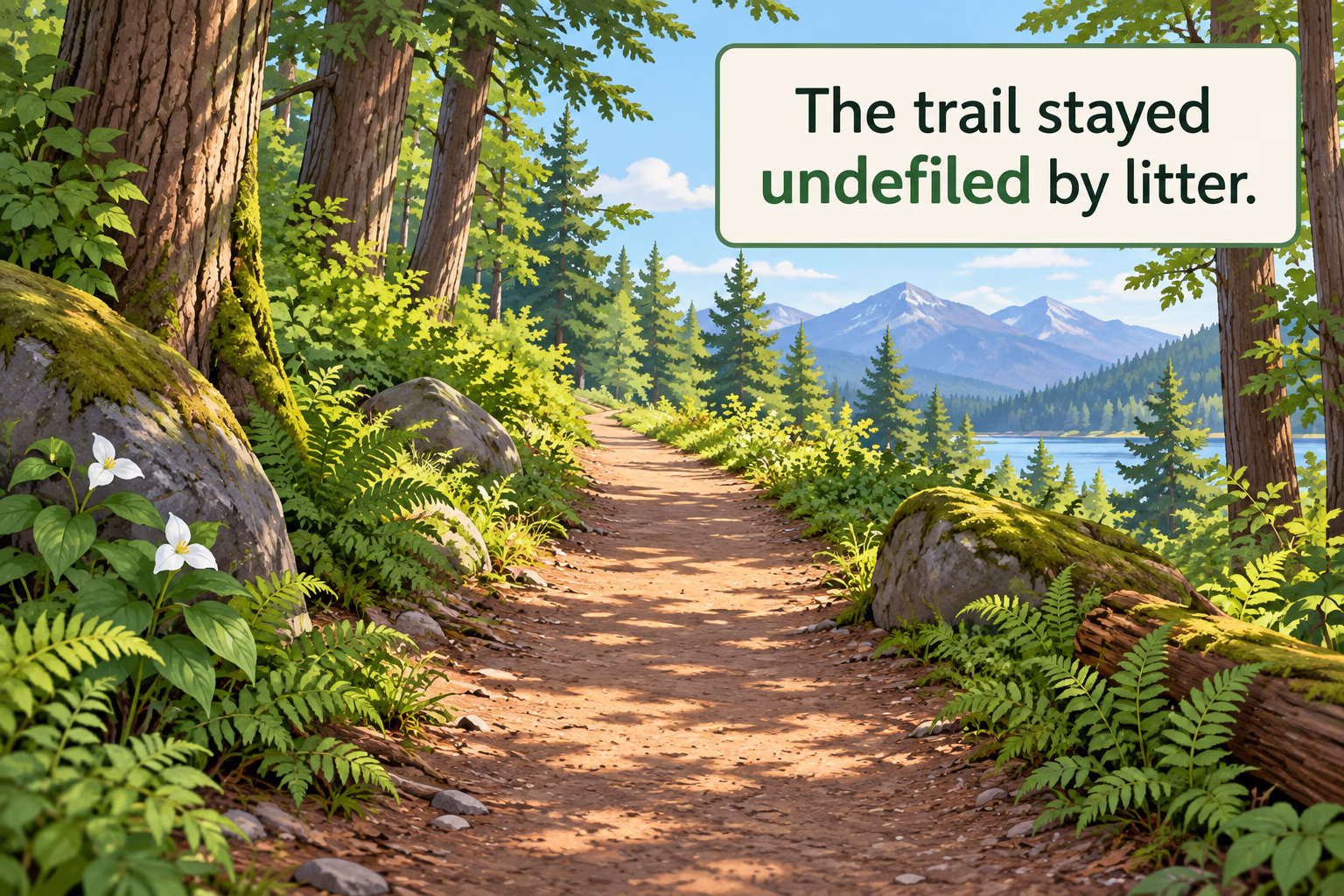 Forest trail with the example sentence The trail stayed undefiled by litter