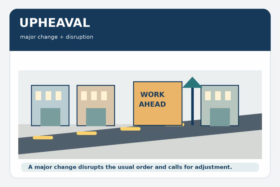 A neighborhood adapts to roadworks, a clear example of upheaval as major change and disruption.