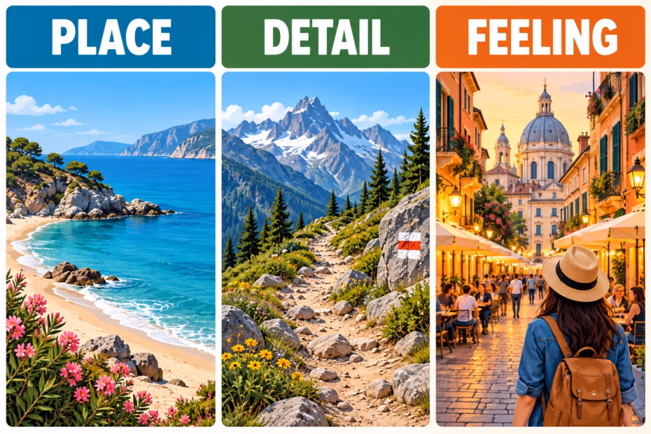 Three travel scenes—a coast, mountain trail, and city—showing how place, detail, and feeling help describe a vacation.