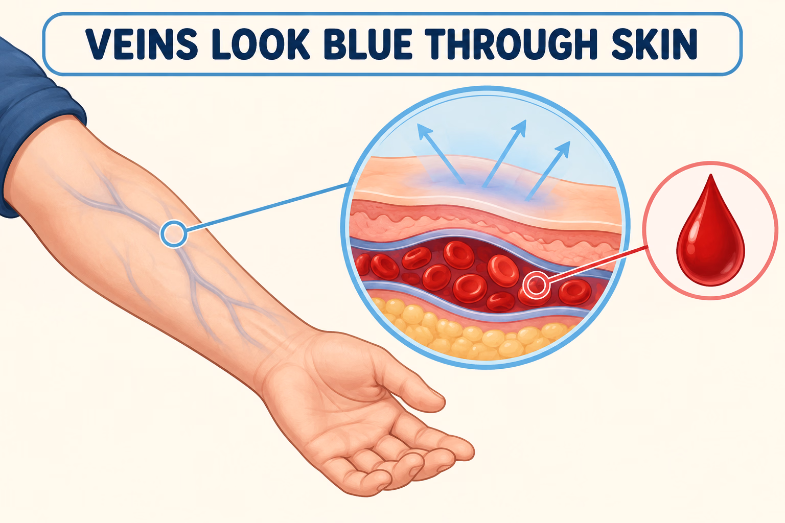 A blue-looking surface vein is shown through skin, with red blood visible in a magnified cross-section.