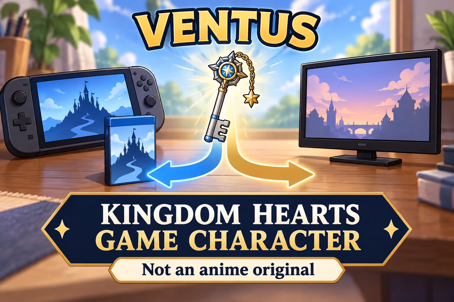 A fantasy key symbol branches between a handheld game and a television screen, labeling Ventus as a Kingdom Hearts game character rather than an anime original