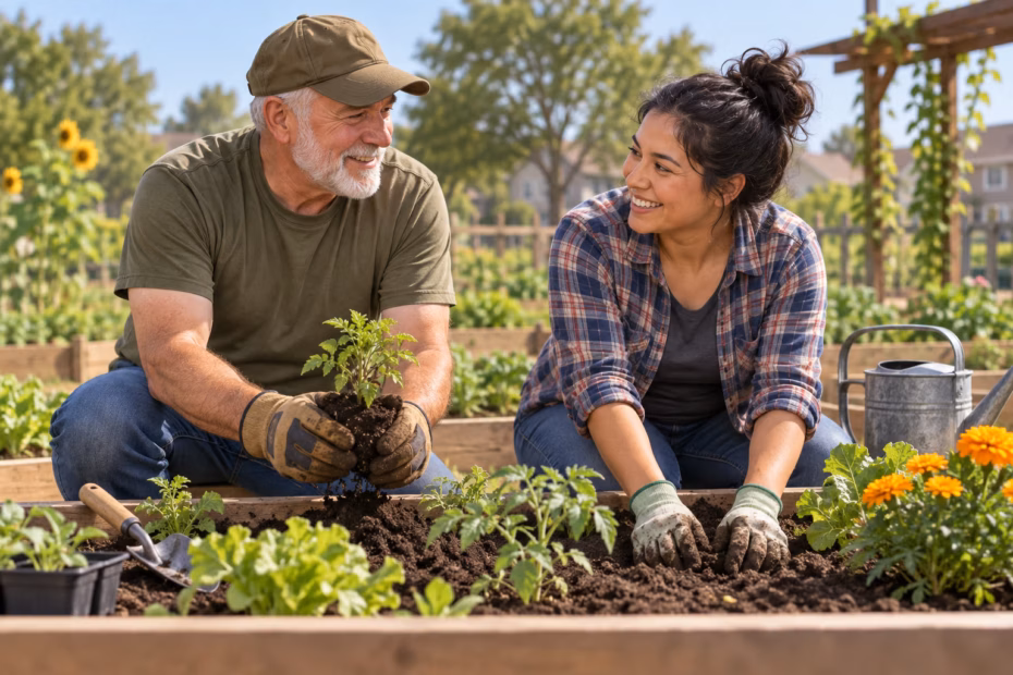 A veteran and a neighbor planting together in a community garden, illustrating varied skills and contributions after service.