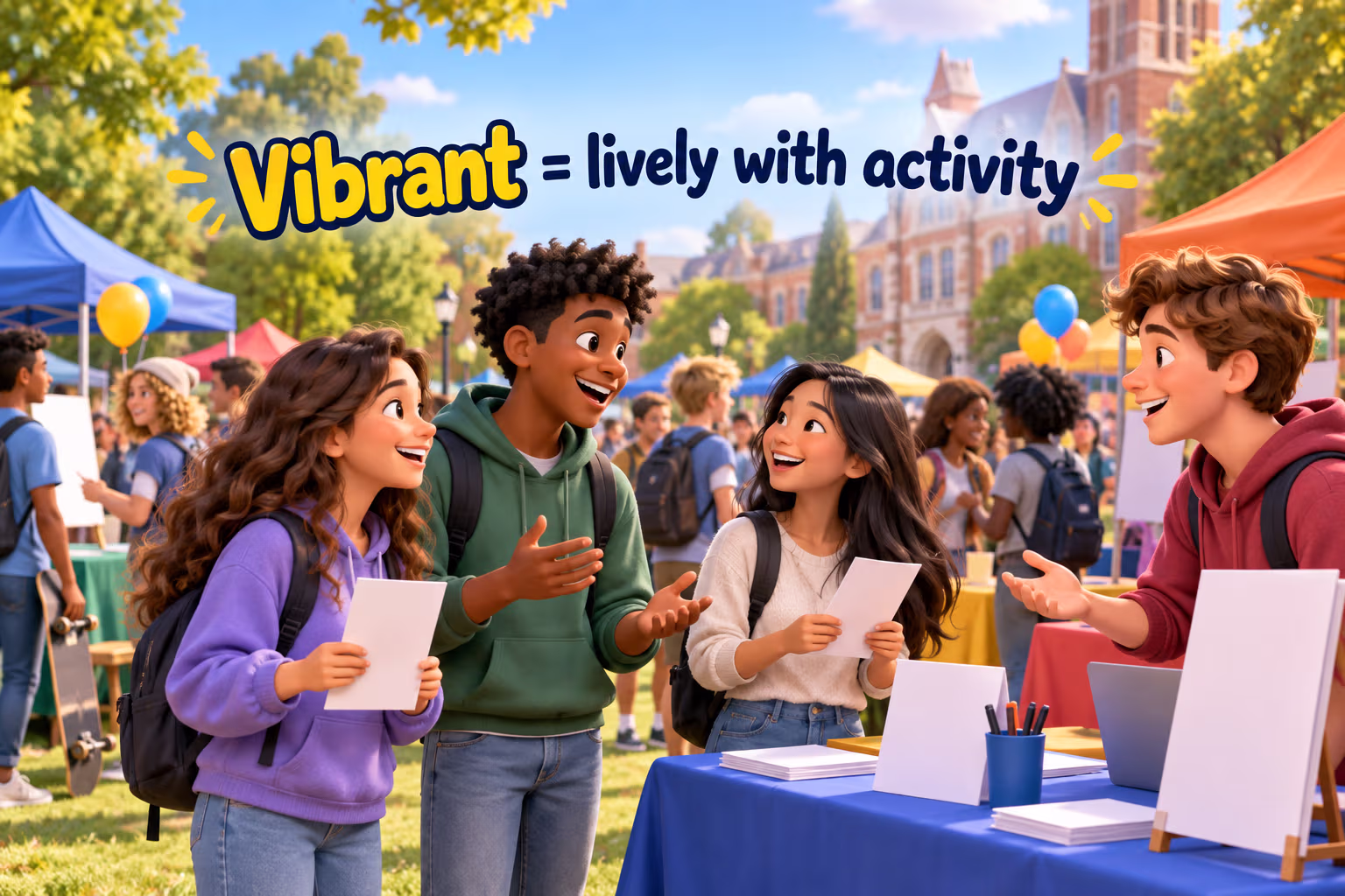 Students talk at a campus activity fair. Text: “Vibrant = lively with activity.”