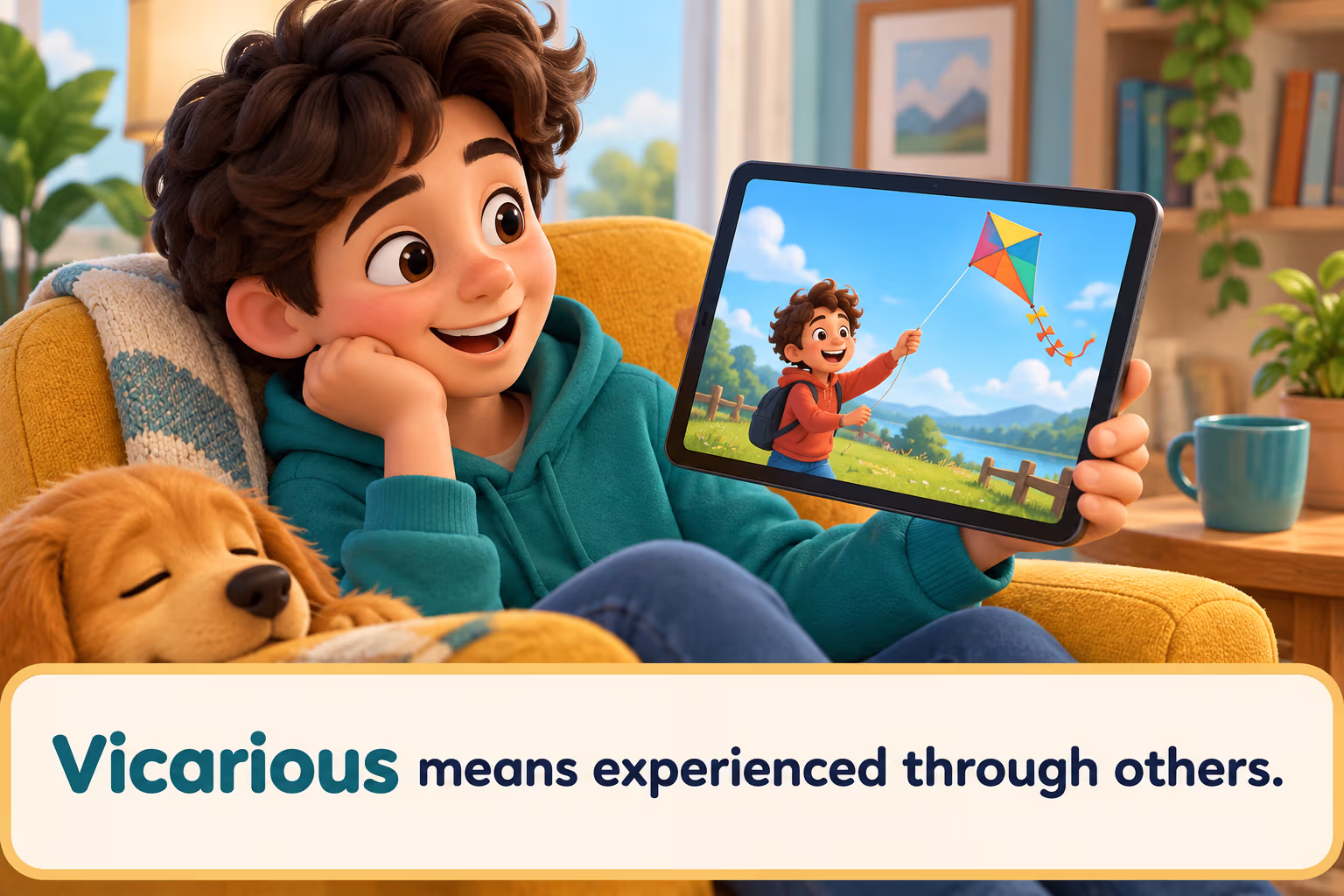 Vicarious means experienced through others. Cartoon reader watches a kite flying story.