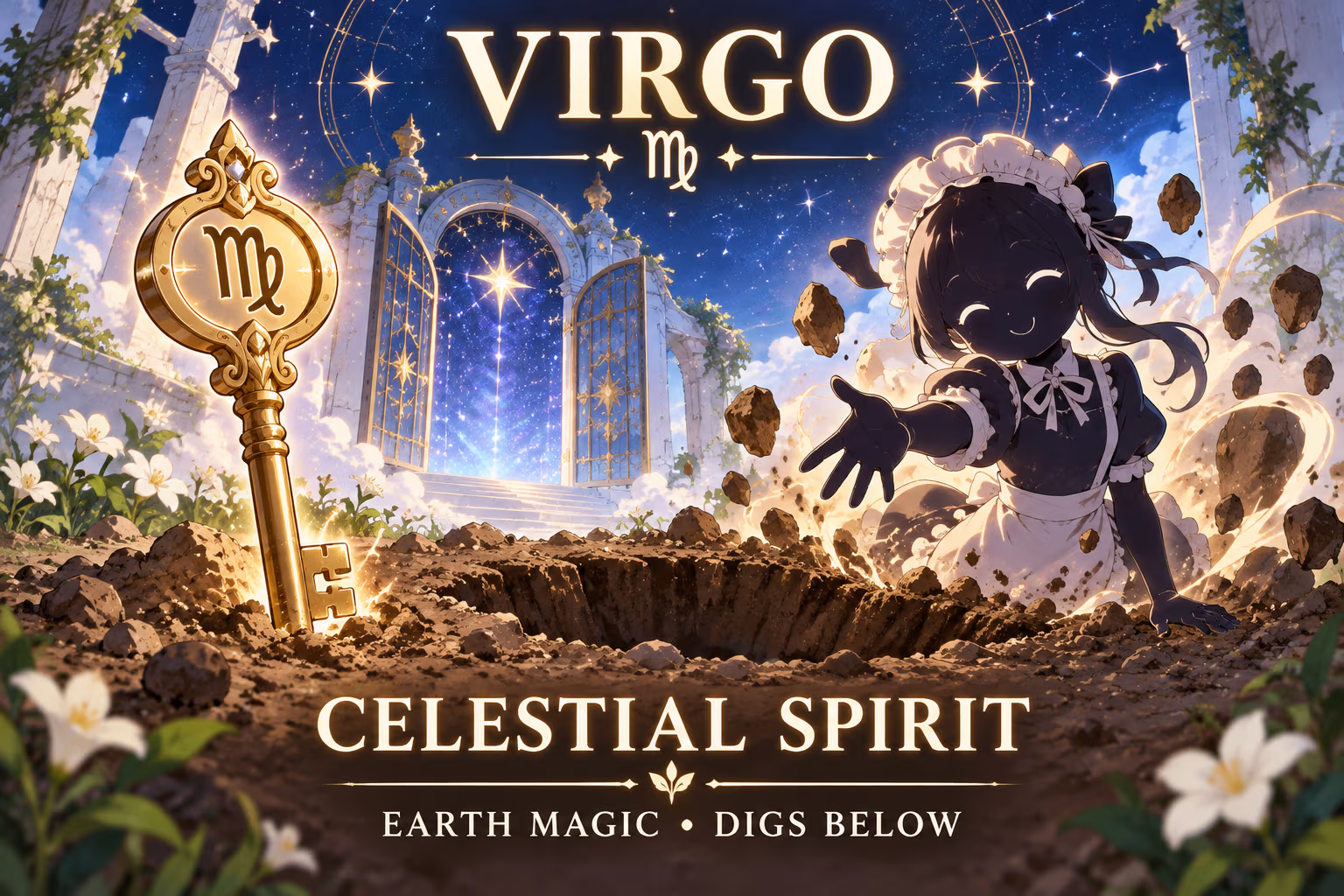 A generic celestial spirit appears beside a zodiac key and a hole in the ground, labeled with Virgo’s spirit role and digging ability