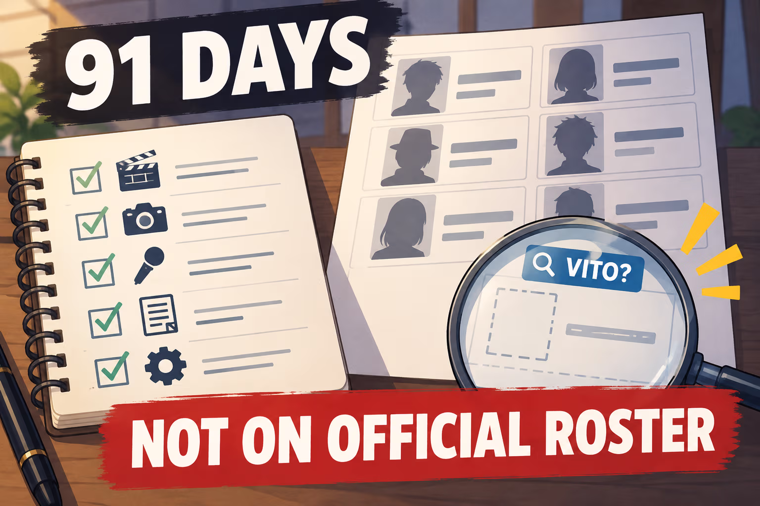 A generic cast roster under a 91 Days heading is searched for Vito, with the note that the name is not on the official roster