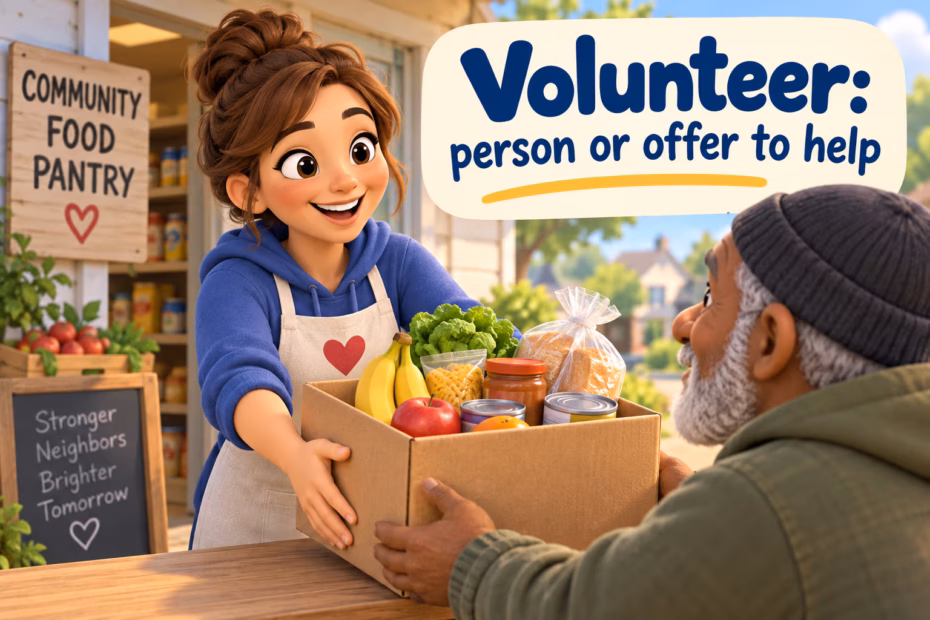 A community volunteer offers groceries to a neighbor. Text: “Volunteer: person or offer to help.”