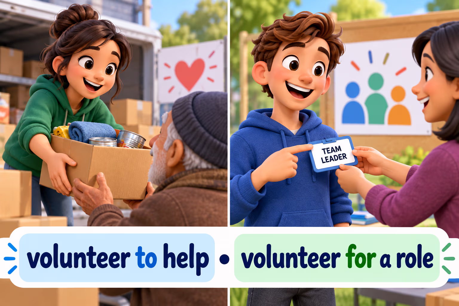 Two volunteers demonstrate the phrases “volunteer to help” and “volunteer for a role.” Text: “volunteer to help • volunteer for a role.”