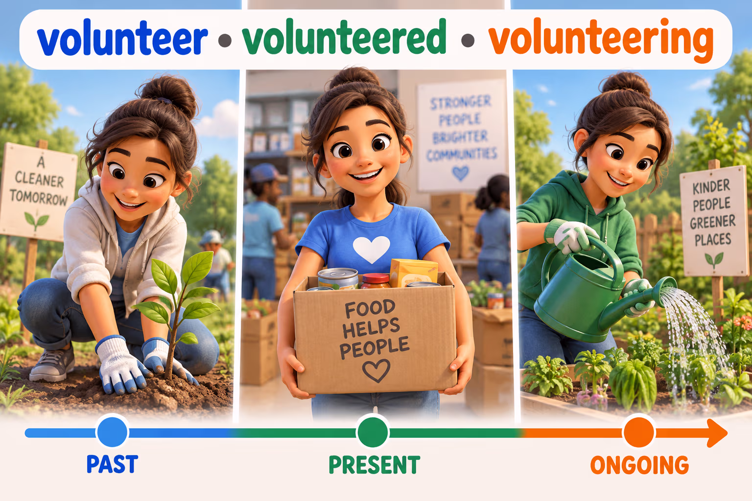 An illustrated timeline shows the verb forms volunteer, volunteered, and volunteering. Text: “volunteer • volunteered • volunteering.”
