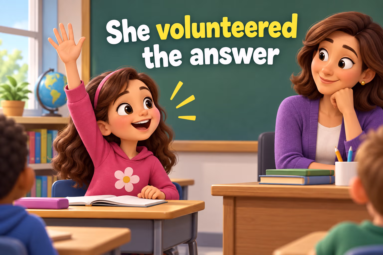 A student raises a hand to offer an answer before being asked. Text: “She volunteered the answer.”