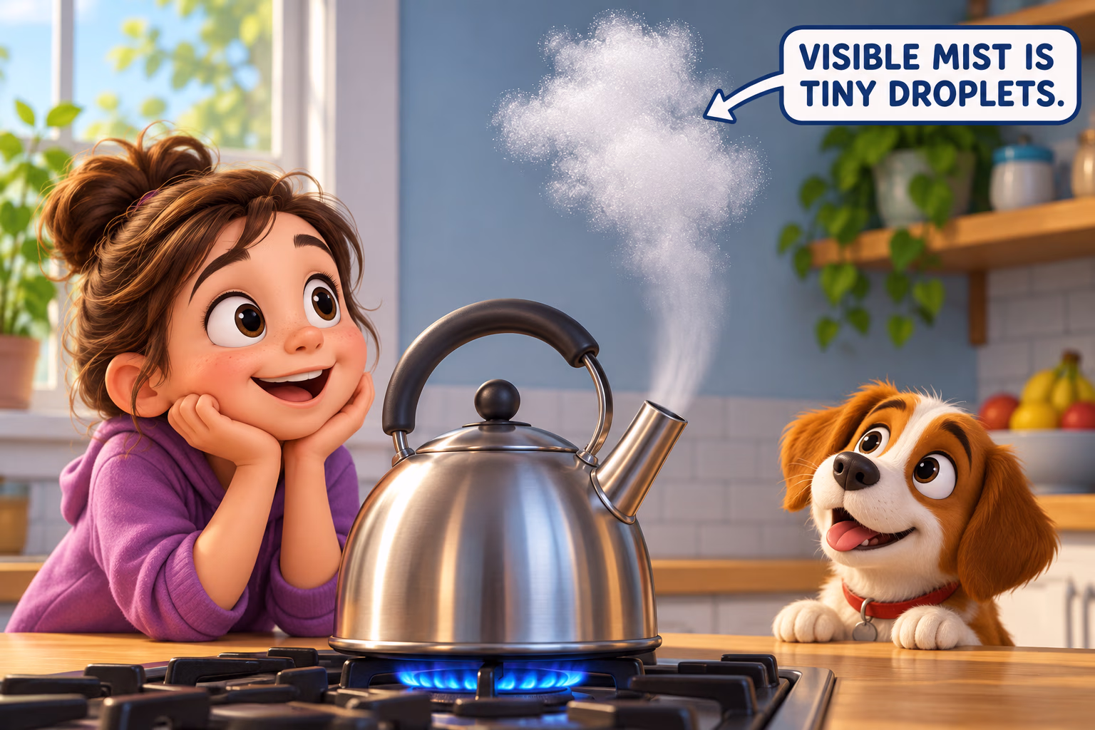 A cartoon kettle emits transparent water vapor and a separate visible plume of tiny water droplets.