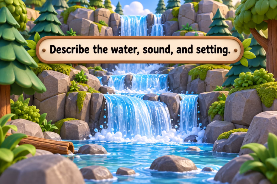 A stepped waterfall in a wooded gorge, illustrating descriptions of water form, sound, and setting