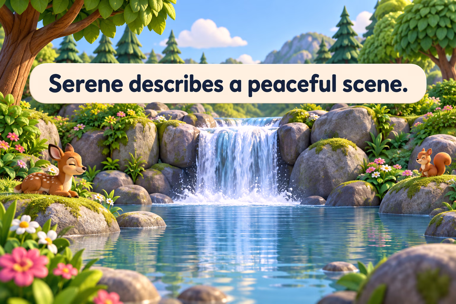 A small waterfall in a shaded woodland landscape illustrating a serene scene