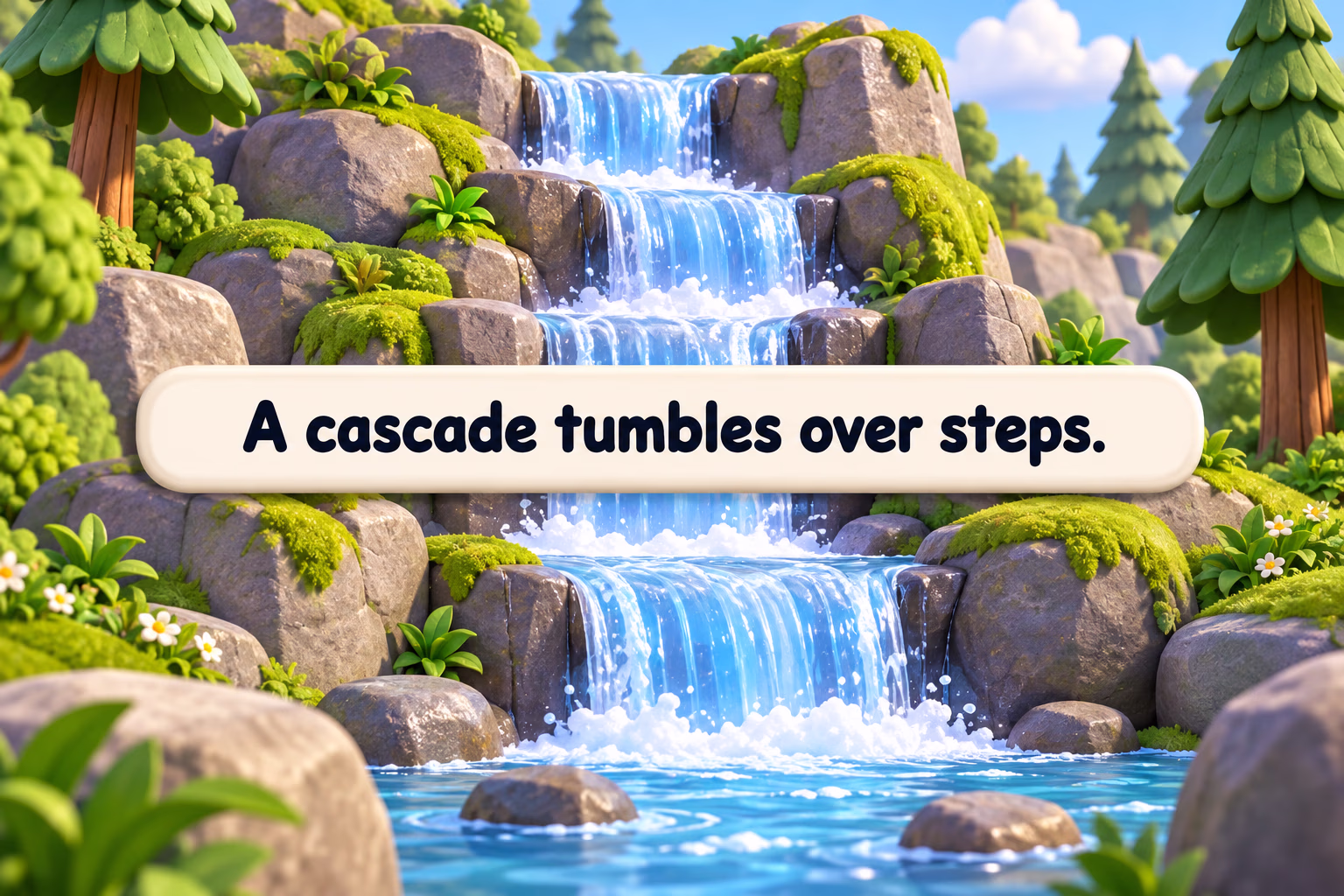 Water tumbling down several rocky ledges to illustrate a cascading waterfall