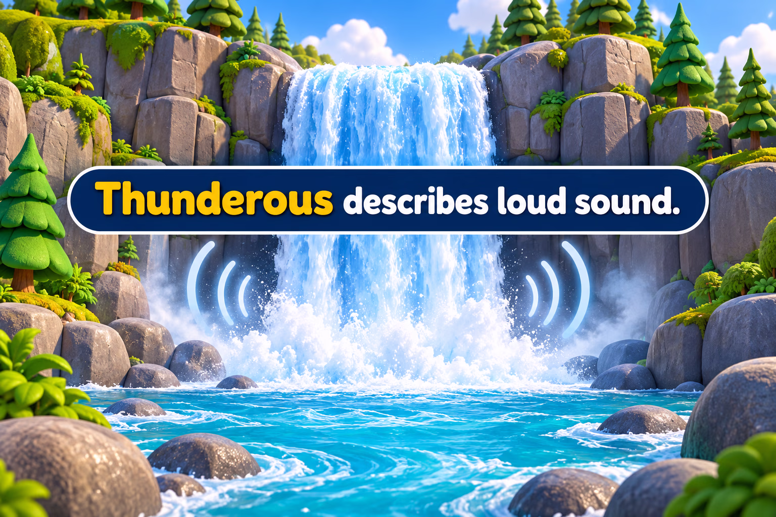 A waterfall roaring into a gorge pool to illustrate thunderous sound