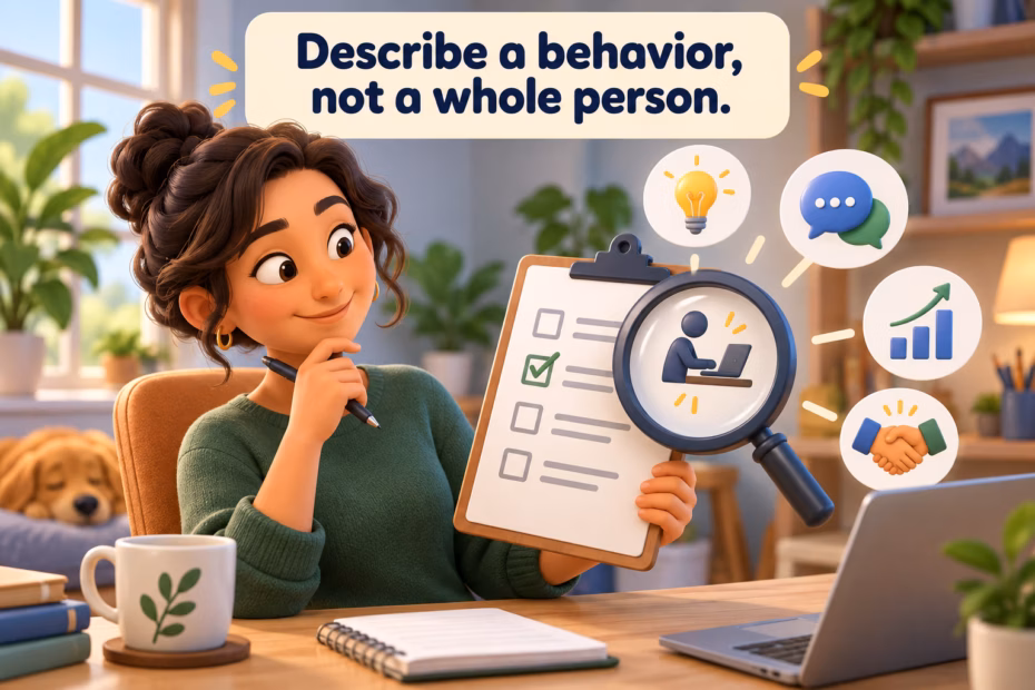 A person reviewing a checklist of specific work habits, illustrating that useful feedback describes behavior rather than labeling a whole person.