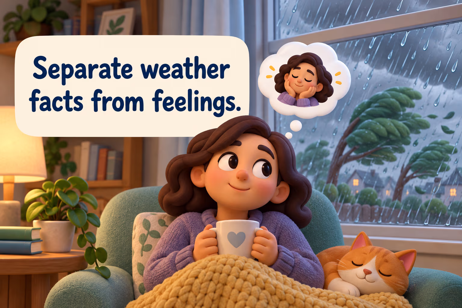 Separate weather facts from feelings. Cartoon observer watches a storm indoors and has a personal reaction.