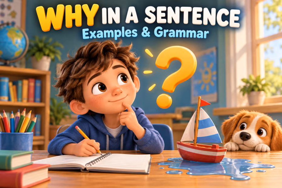A curious student and playful question mark illustrate why in a sentence