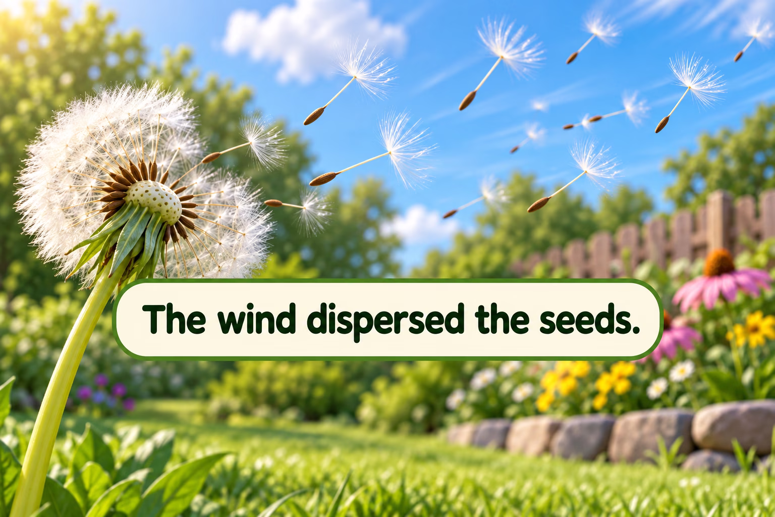 A breeze carries dandelion seeds away from a flower head across a garden.