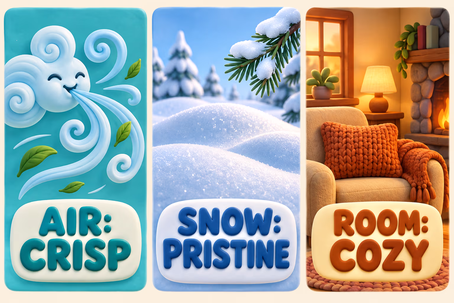 Cartoon 3D infographic labels a breeze AIR: CRISP, a snowy branch SNOW: PRISTINE, and a warm room ROOM: COZY.