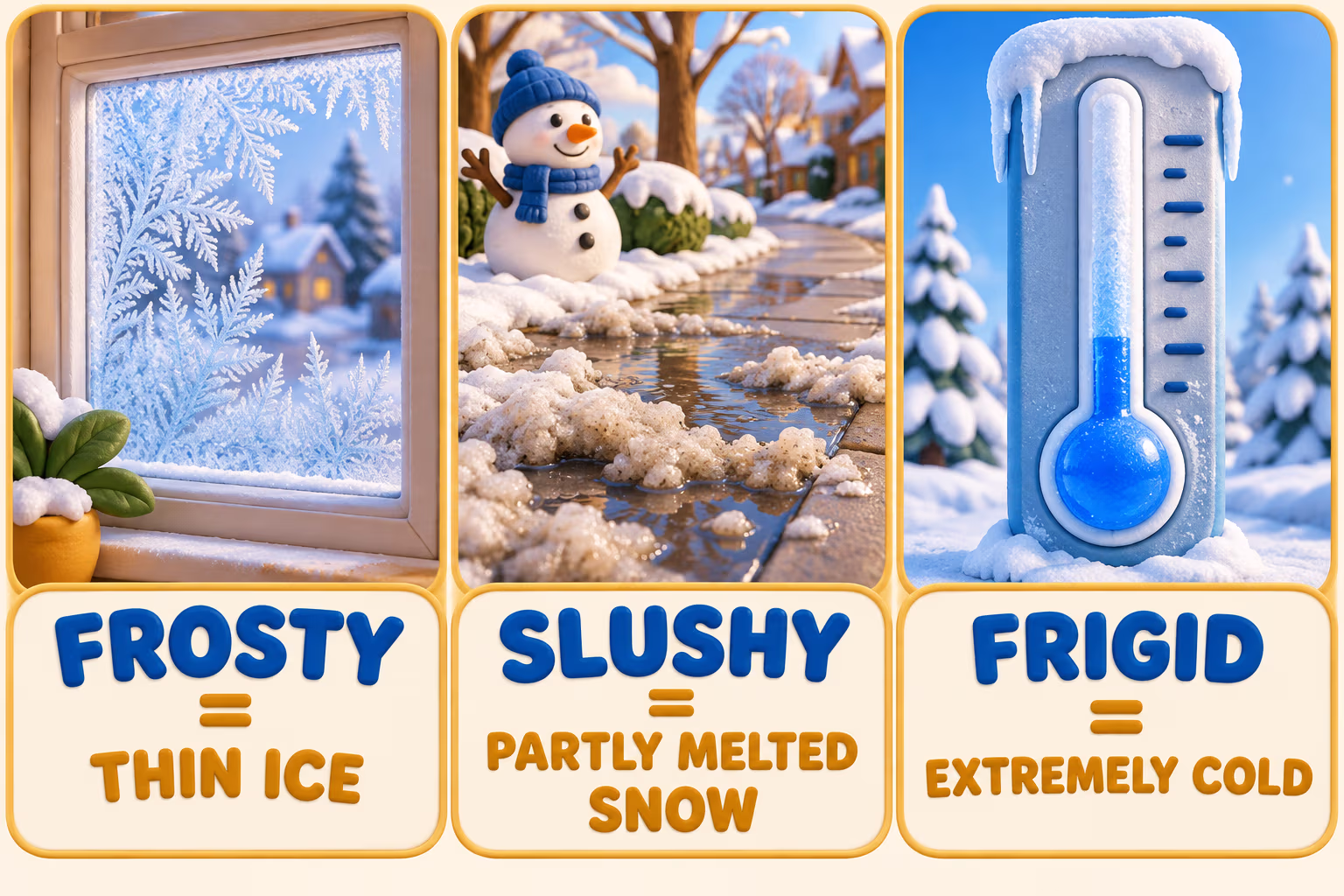 Cartoon 3D vocabulary infographic reads FROSTY equals THIN ICE, SLUSHY equals PARTLY MELTED SNOW, and FRIGID equals EXTREMELY COLD.
