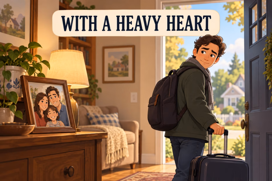 A person prepares to leave a familiar home with visible sadness, illustrating the idiom with a heavy heart