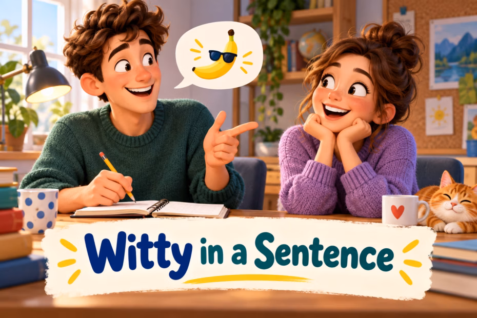 Two friends enjoy a playful banana wordplay joke at a desk while one writes in a notebook, illustrating witty sentences.