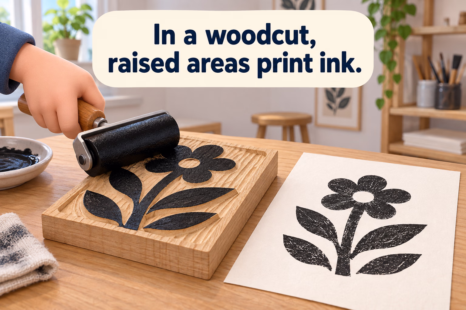 Cartoon illustration showing raised areas of an inked woodblock transferring a print to paper