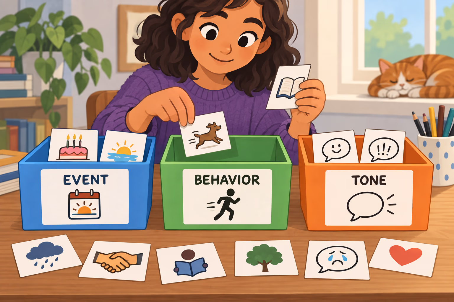 Vocabulary cards are sorted into event, behavior, and tone categories.