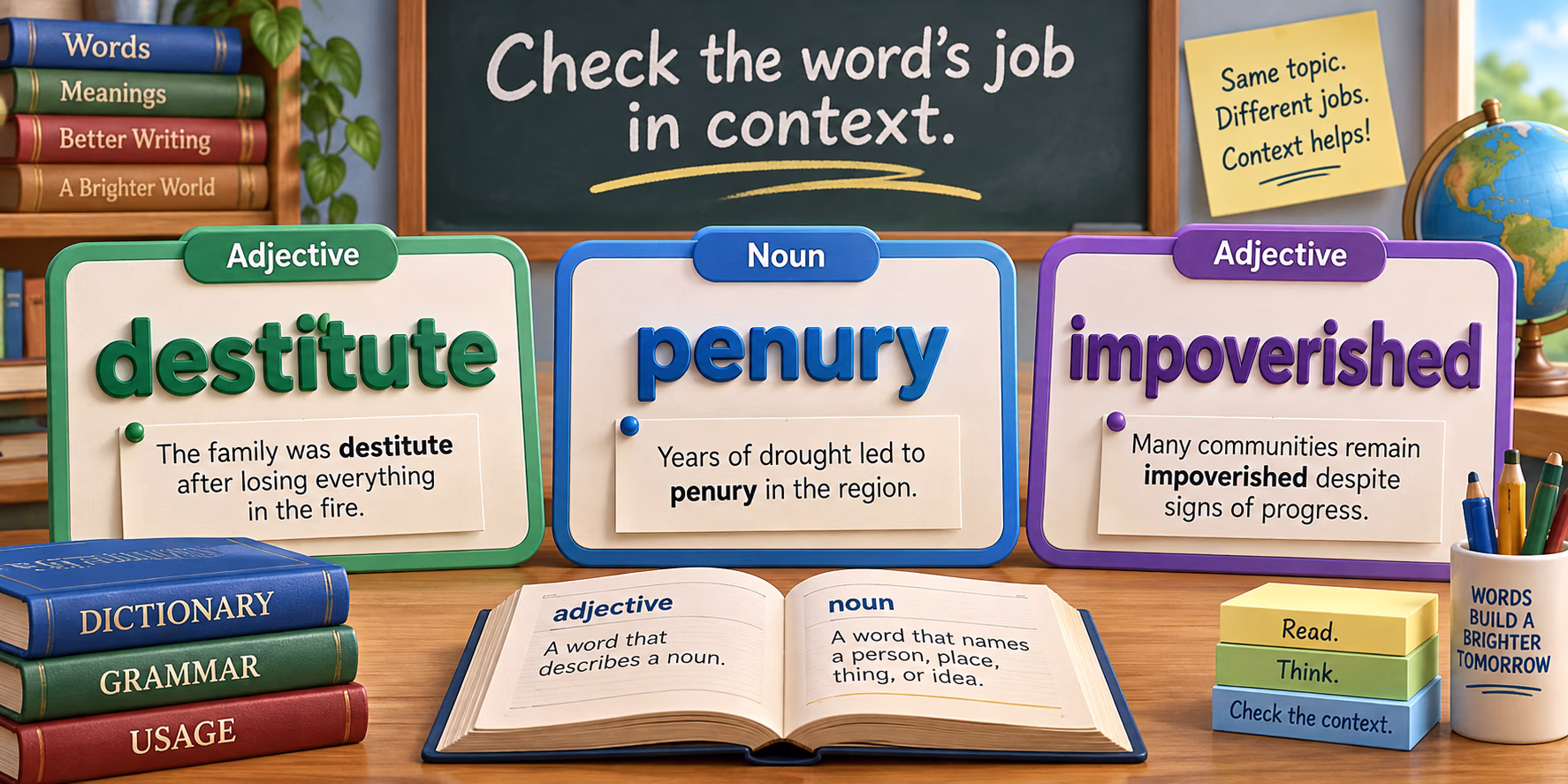 Grammar cards distinguish destitute and impoverished as adjectives from penury as a noun.