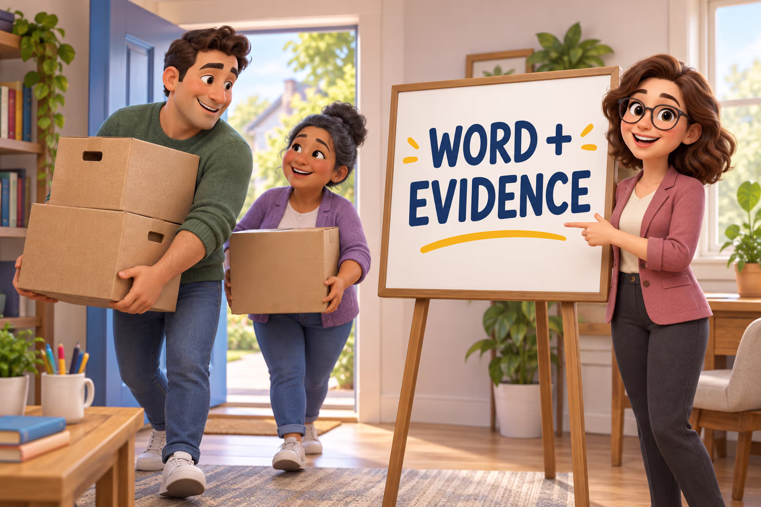 A playful cartoon writing coach highlights an observable action before choosing an adjective for a man