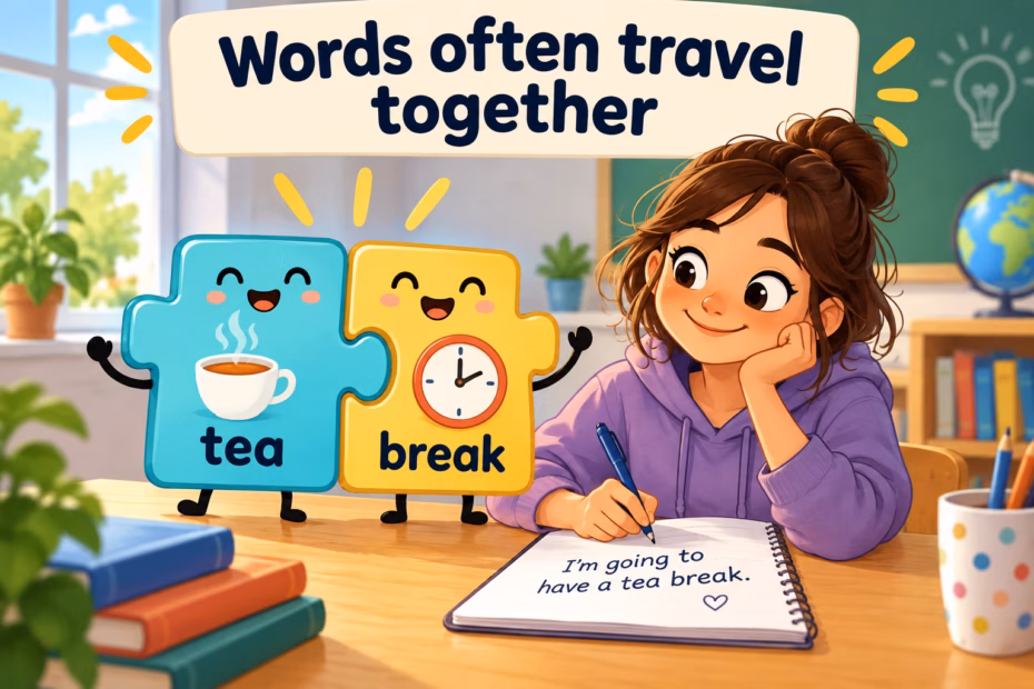 A learner writes a sentence about having a tea break while two friendly word tiles fit together.