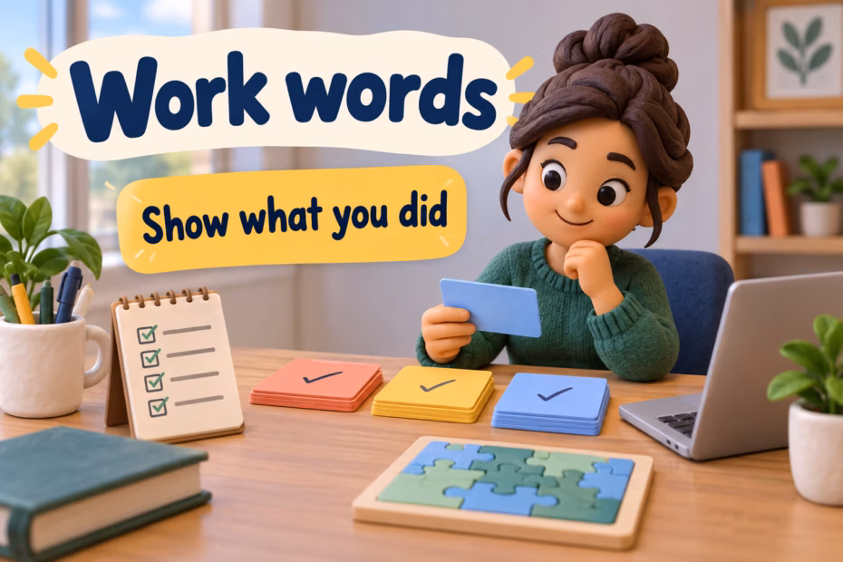 A worker organizes tasks at a desk. Text: Work words; Show what you did.