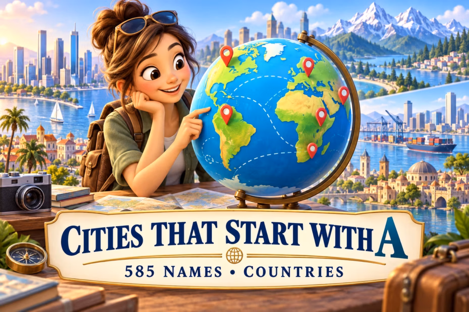A traveler points to a globe surrounded by generic city skylines, illustrating cities that start with A.