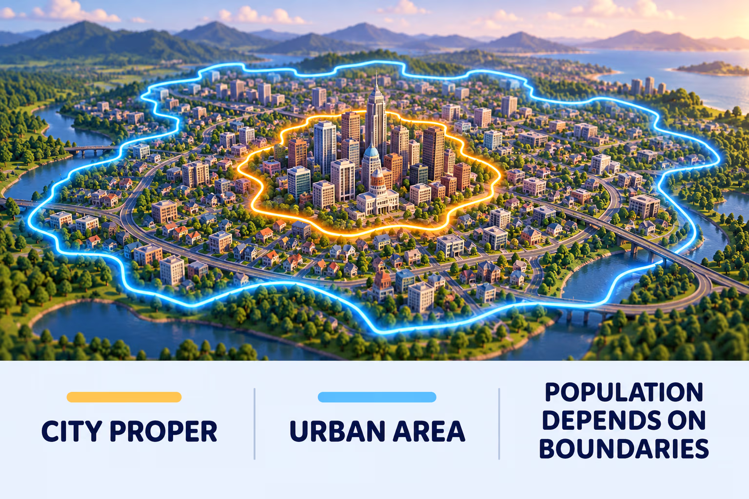 Illustration comparing city proper and urban area boundaries to explain why population depends on boundaries