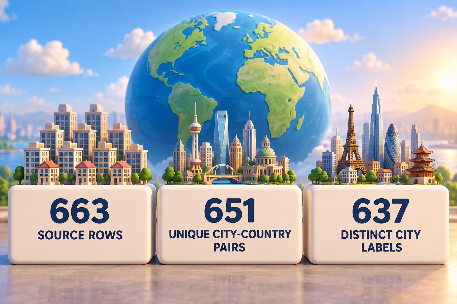 Infographic showing 663 source rows, 651 unique city-country pairs, and 637 distinct city labels in the C-city directory