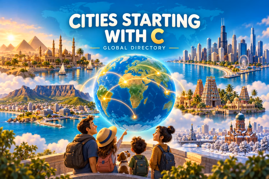 3D animated global city scene with a globe and city skylines beneath the words Cities Starting With C